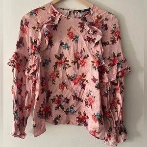 Zara Pink Floral Ruffle Long Sleeve Blouse